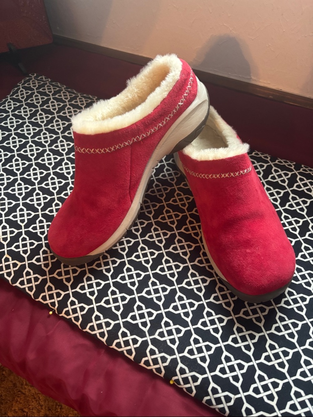 Merrell Red Suede Shearling Clogs
